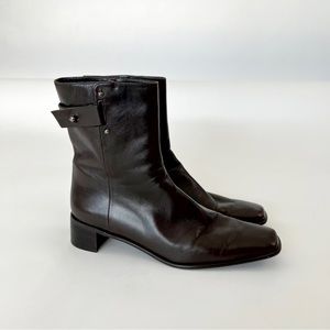 90s y2k Stuart Weitzman brown leather square toe block heel mod ankle boots 9.5